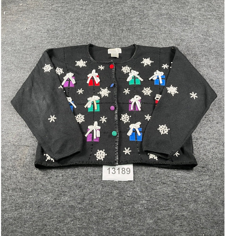 Vintage Mandal Bay Christmas Cardigan Sweater Womens XL Black Knit Button Front